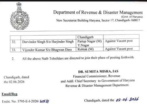 haryana naib tehsildar transfer list 2026