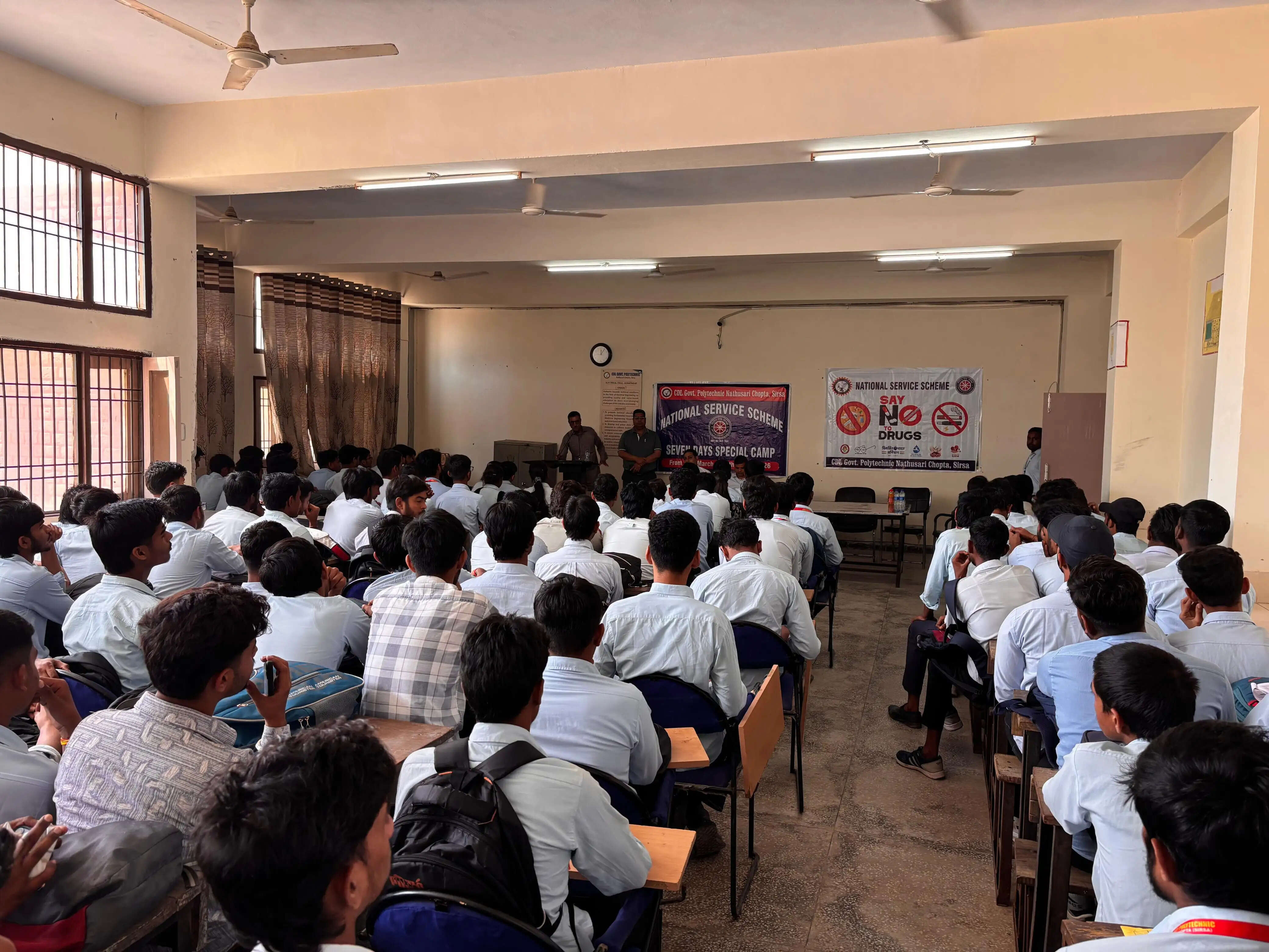 Doctors addressing students on HIV AIDS and de-addiction at CDL Govt Polytechnic Nathusari Chopta